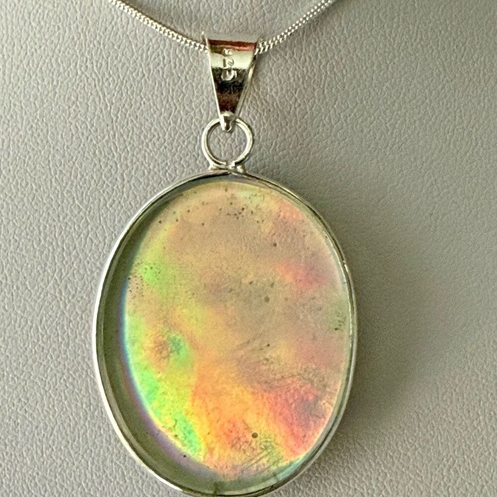 Stunning Peacock Dichroic Glass Pendant Necklace Silver New - Picture 3 of 6